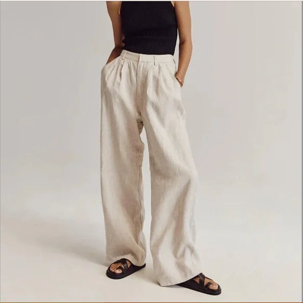 DISSH Wide Leg Linen-Blend Pants in Oatmeal